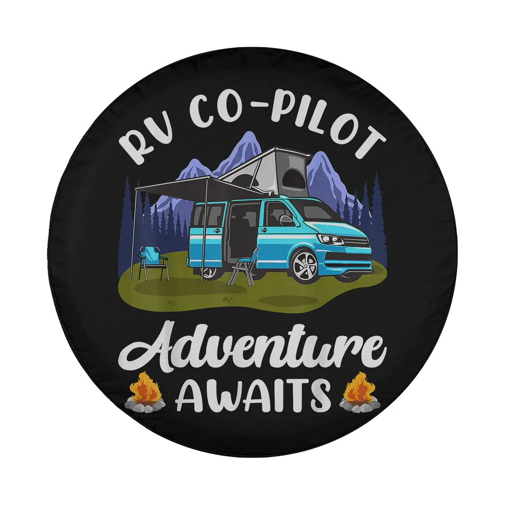 Camper, mountain, and campfire Adventure Awaits RV Co-Pilot tire cover artwork