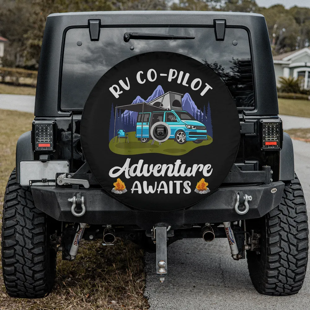RV Co-Pilot spare tire cover with camper, mountain, and campfire, with camera hole option