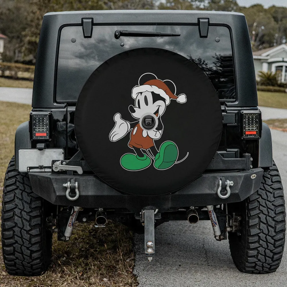 Mickey Mouse Christmas spare tire cover with Santa hat, green shoes, with camera hole