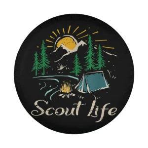 Scout Life design with mountain sunrise, tent, campfire, pine trees for spare tire cover