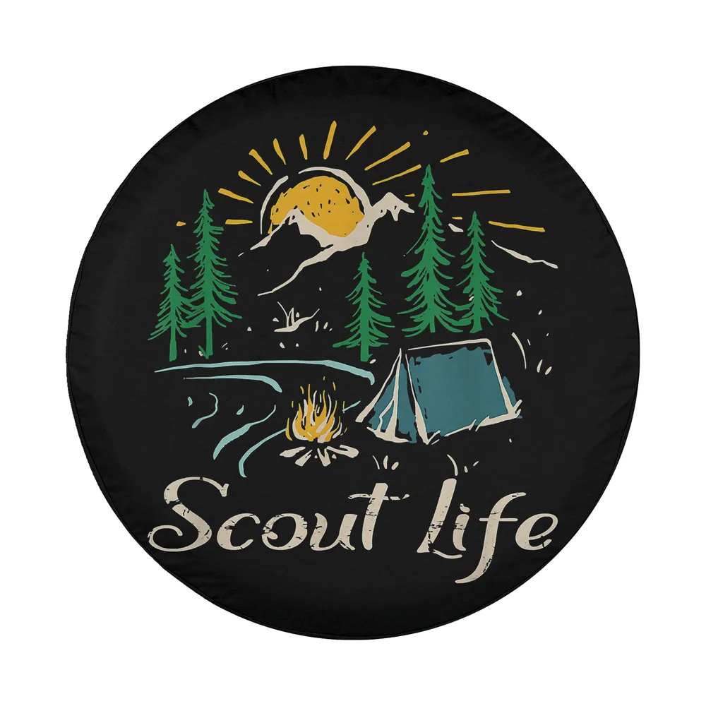 Scout Life design with mountain sunrise, tent, campfire, pine trees for spare tire cover