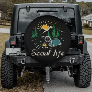 Scout Life spare tire cover with mountain sunrise, tent, campfire, pine trees, with camera hole