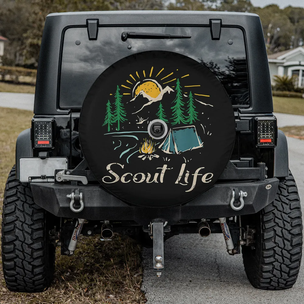 Scout Life spare tire cover with mountain sunrise, tent, campfire, pine trees, with camera hole