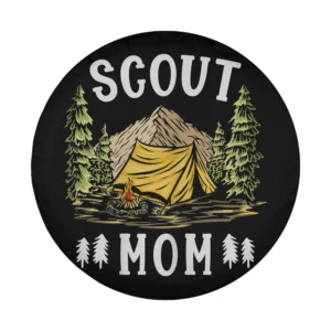 Scout Mom spare tire cover design with yellow tent, pine trees, campfire