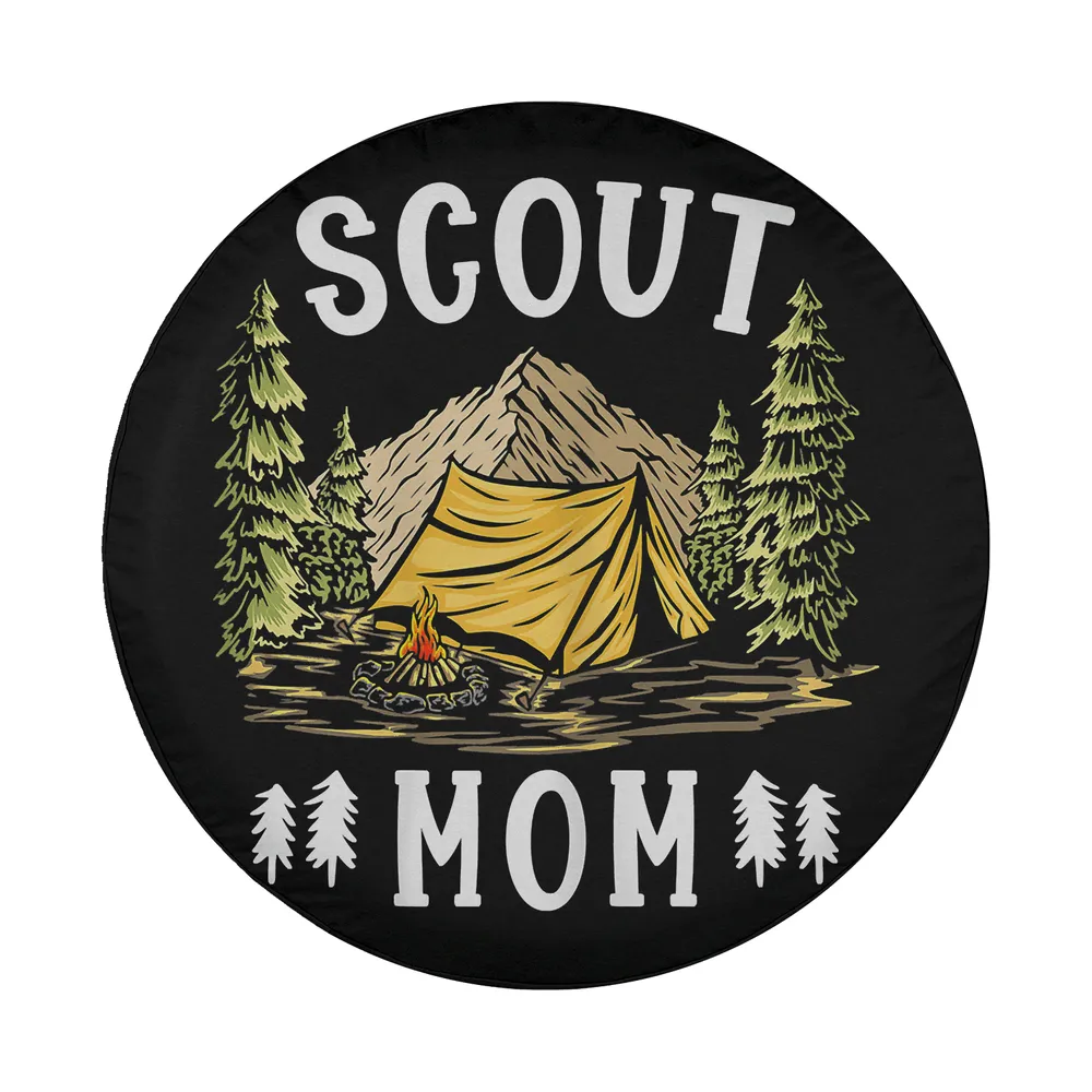 Scout Mom spare tire cover design with yellow tent, pine trees, campfire