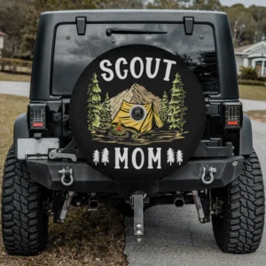 Scout Mom camping spare tire cover with yellow tent, pine trees, campfire, with camera hole
