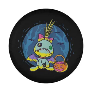 Cartoon Scrump doll in bat costume holding jack-o-lantern Halloween design