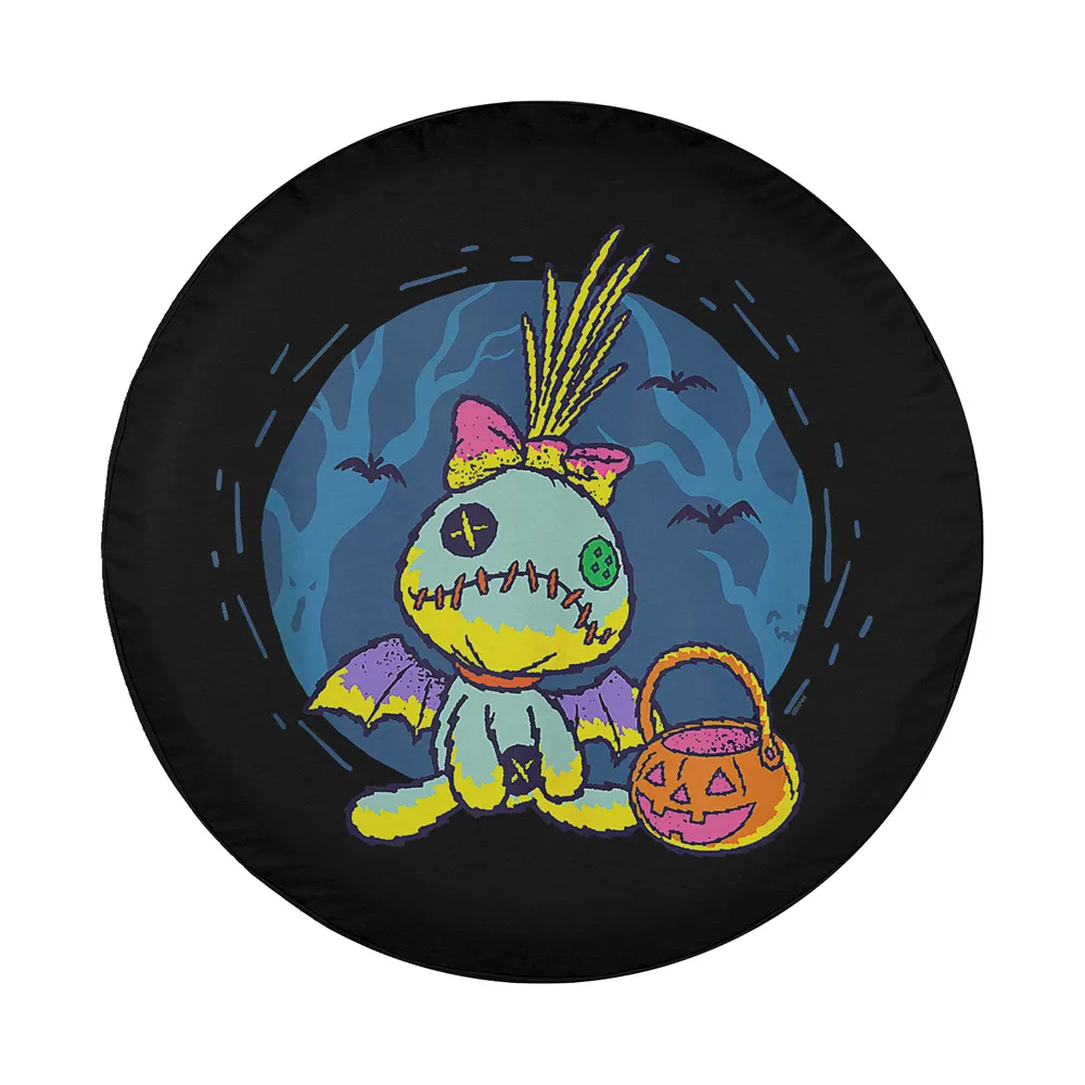 Cartoon Scrump doll in bat costume holding jack-o-lantern Halloween design