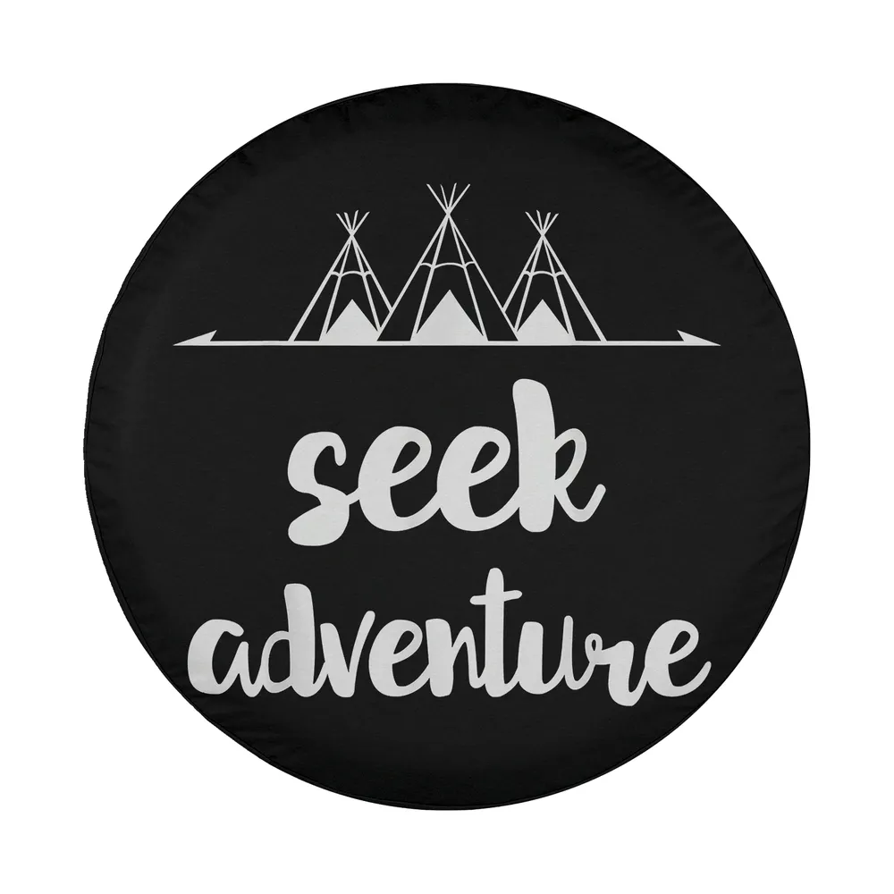 Seek adventure teepee camping spare tire cover design, minimalist teepees and script