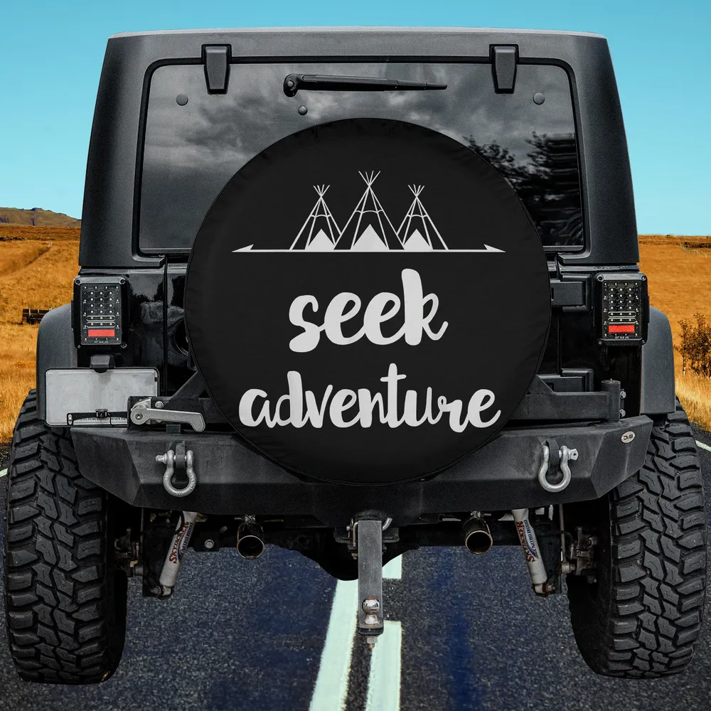 Seek adventure teepee camping spare tire cover with bold script and three teepees, no camera hole