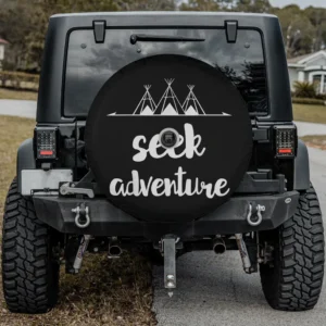 Seek adventure teepee camping spare tire cover with camera hole, white teepees and script