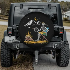 skeleton campfire mountains halloween spare tire cover with camera hole for SUV