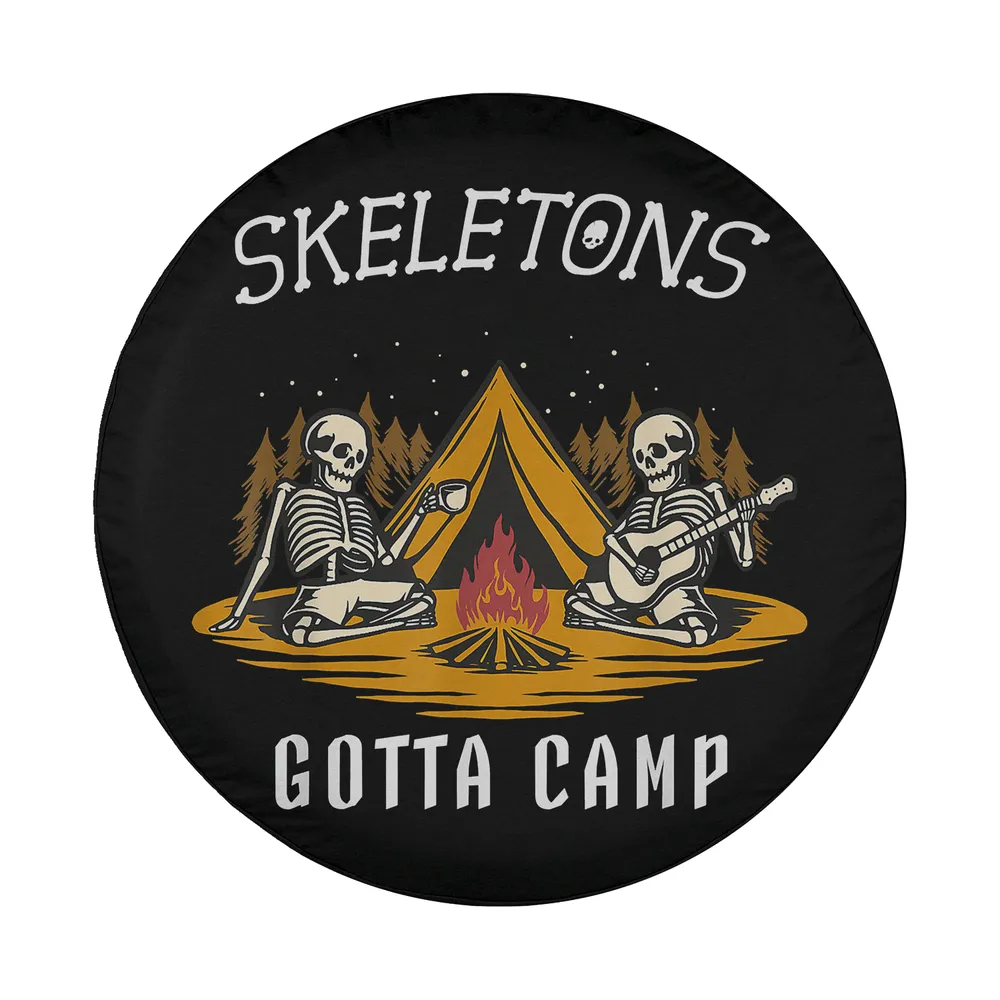 funny skeletons camping around campfire tent halloween spare tire cover art