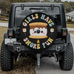 Girls camping spare tire cover with kawaii s'more and camera hole for Jeep or RV