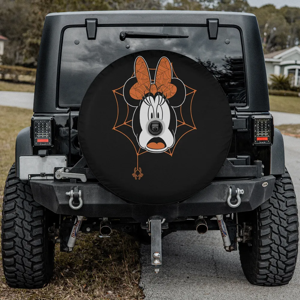 spider web bow Minnie Mouse Halloween spare tire cover with camera hole