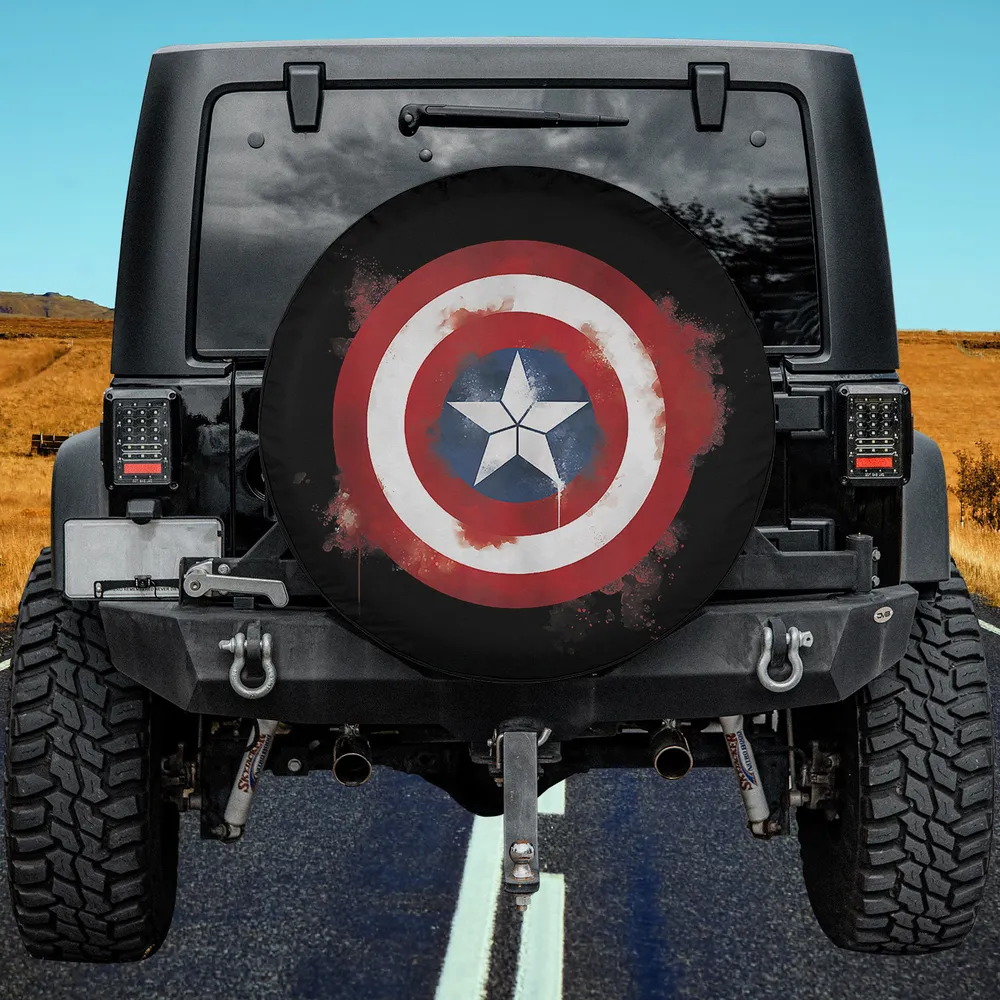 Marvel Avengers Endgame spray paint Captain America shield spare tire cover with no camera hole on Jeep