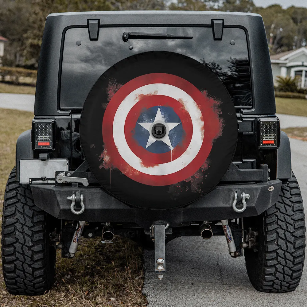 Marvel Avengers Endgame spray paint Captain America shield spare tire cover with backup camera hole