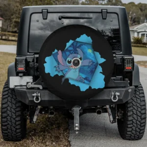 Stitch bursting through palm trees Disney spare tire cover with camera hole