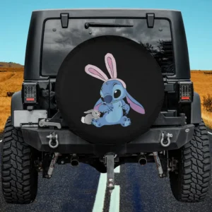 Stitch with bunny ears and plush rabbit Disney spare tire cover no camera hole