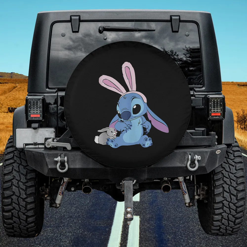 Stitch with bunny ears and plush rabbit Disney spare tire cover no camera hole