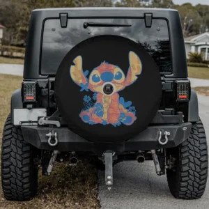 Stitch Hawaiian floral print Disney spare tire cover with backup camera hole for Jeep
