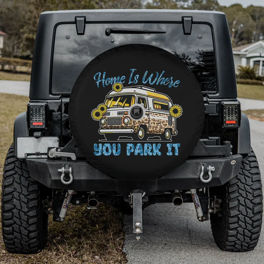 Sunflower camper van home is where you park it spare tire cover with backup camera hole for Jeep RV SUV