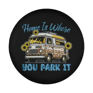 Retro camper van and sunflower spare tire cover design with home is where you park it text