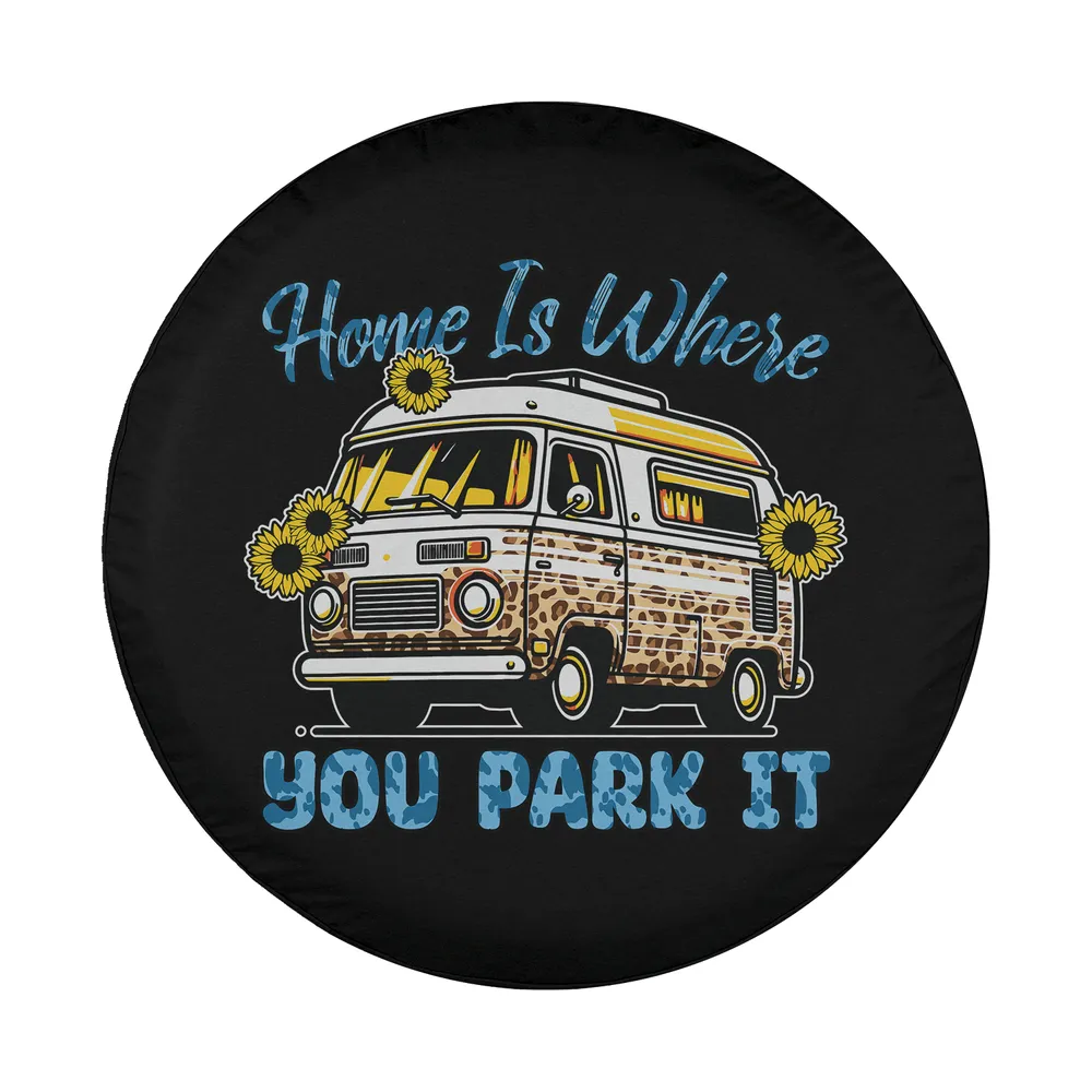 Retro camper van and sunflower spare tire cover design with home is where you park it text