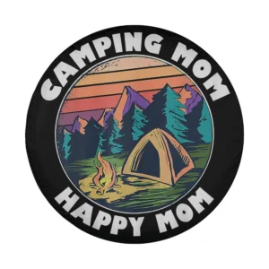 Camping Mom spare tire cover design showing sunset, mountains, campfire, tent