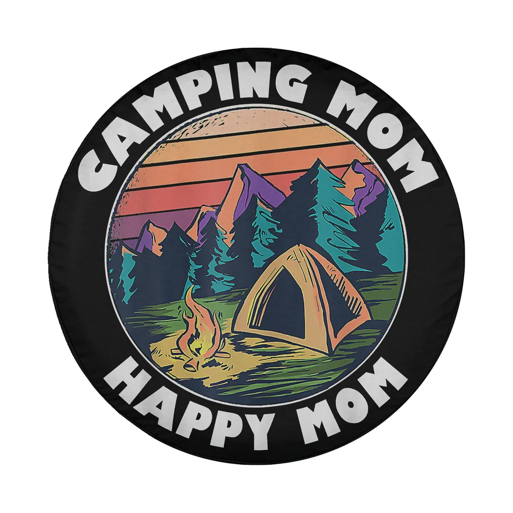 Camping Mom spare tire cover design showing sunset, mountains, campfire, tent