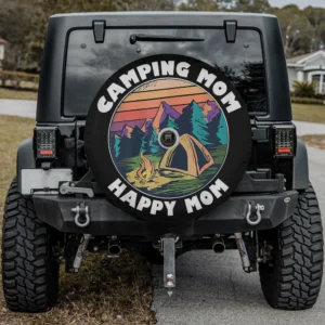 Camping Mom spare tire cover with sunset, mountains, campfire, and tent design, with camera hole