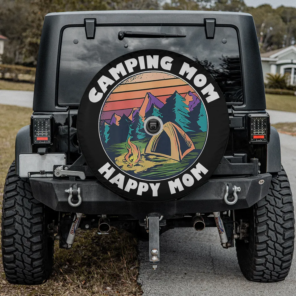 Camping Mom spare tire cover with sunset, mountains, campfire, and tent design, with camera hole