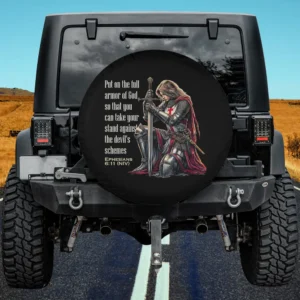Templar woman knight with Bible verse Christian spare tire cover no camera hole