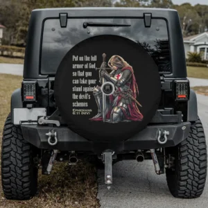 Templar woman knight with Bible verse Christian spare tire cover with camera hole
