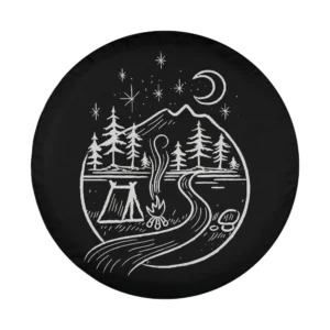 tent campfire mountain camping sign hand-drawn design for spare tire cover