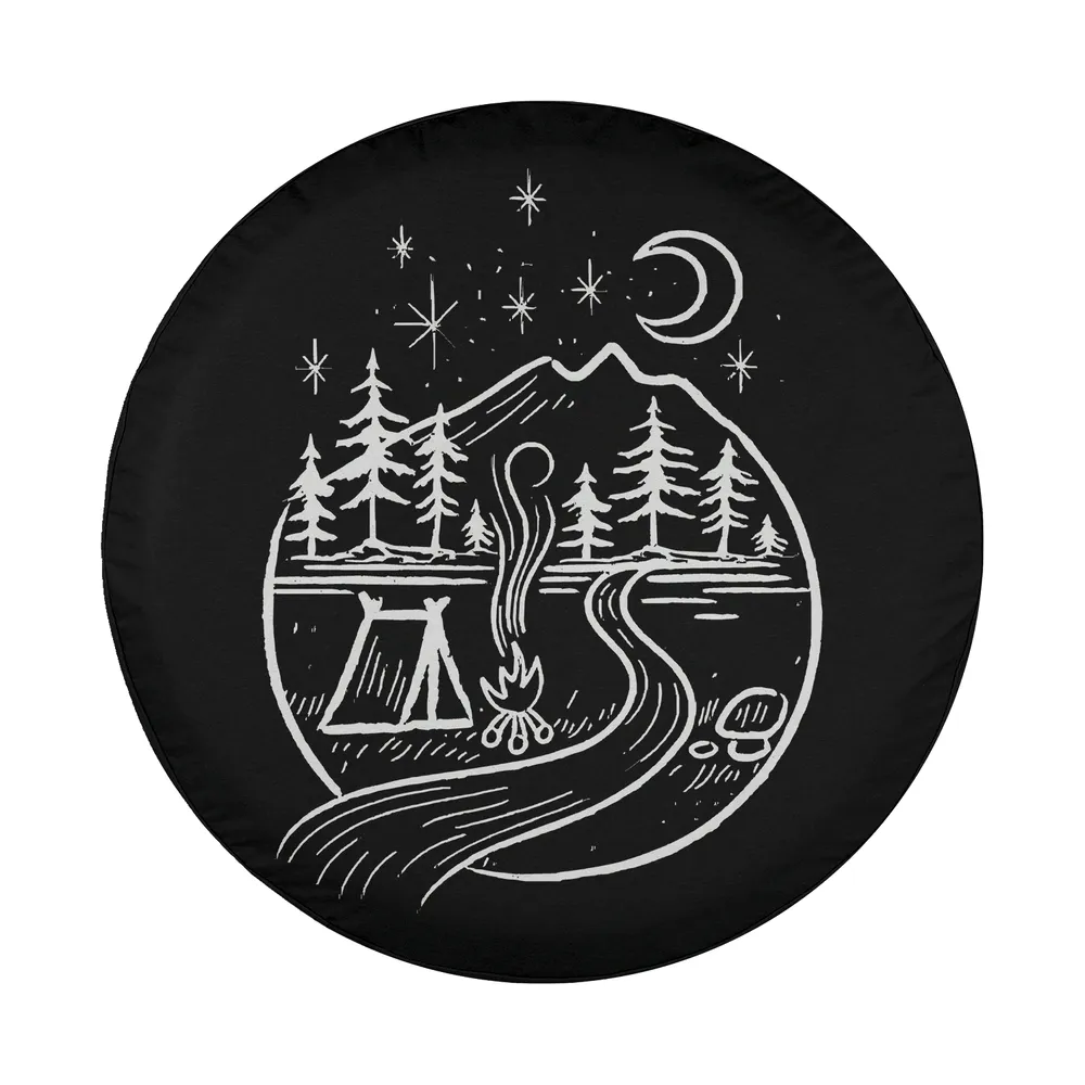 tent campfire mountain camping sign hand-drawn design for spare tire cover