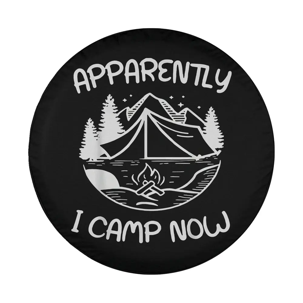 Line art tent campfire mountains camping scene design for spare tire cover