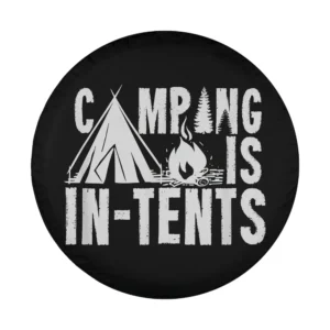 tent campfire pine tree camping design spare tire cover closeup