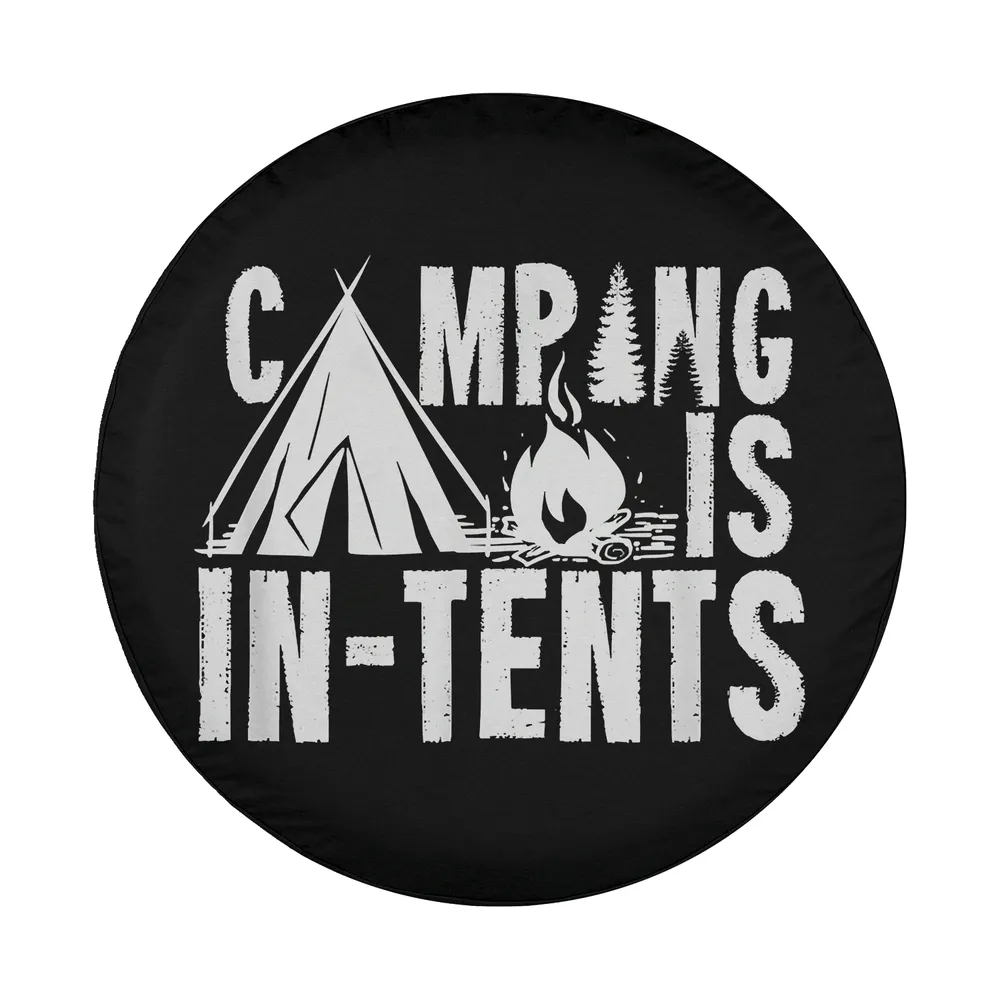 tent campfire pine tree camping design spare tire cover closeup