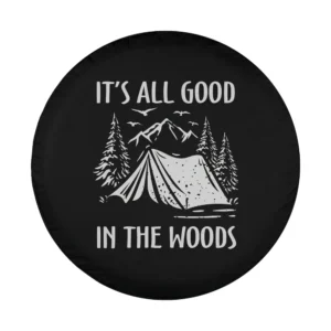 hand-drawn tent pine trees camping scene design for spare tire cover
