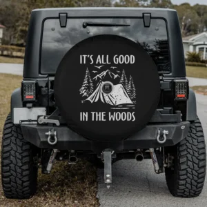 tent and pine trees camping scene spare tire cover with camera hole for Jeep SUV RV