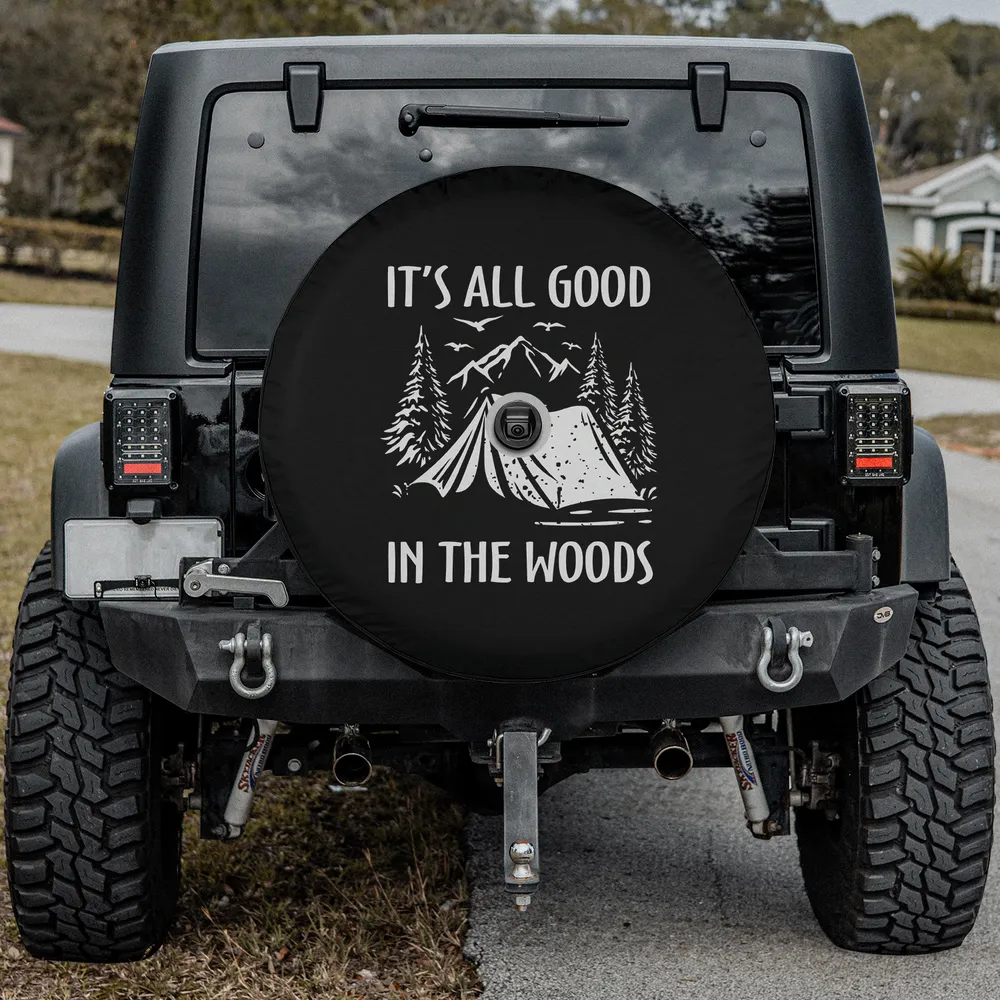 tent and pine trees camping scene spare tire cover with camera hole for Jeep SUV RV