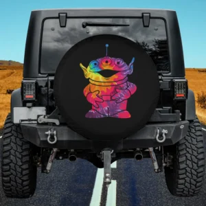 Tie-dye alien portrait Toy Story spare tire cover on Jeep with no camera hole