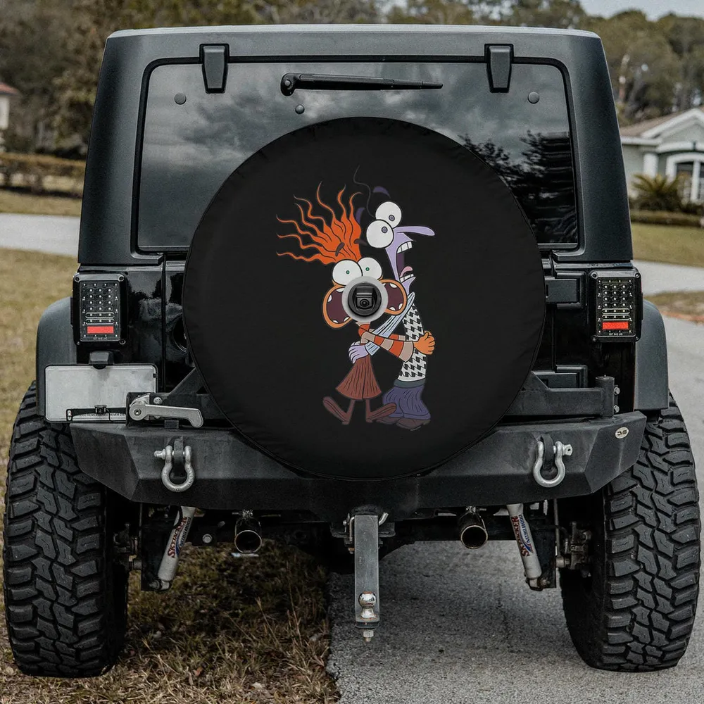 Toony wild hair bulging eyes anxiety fear spare tire cover for Jeep SUV RV, with camera hole
