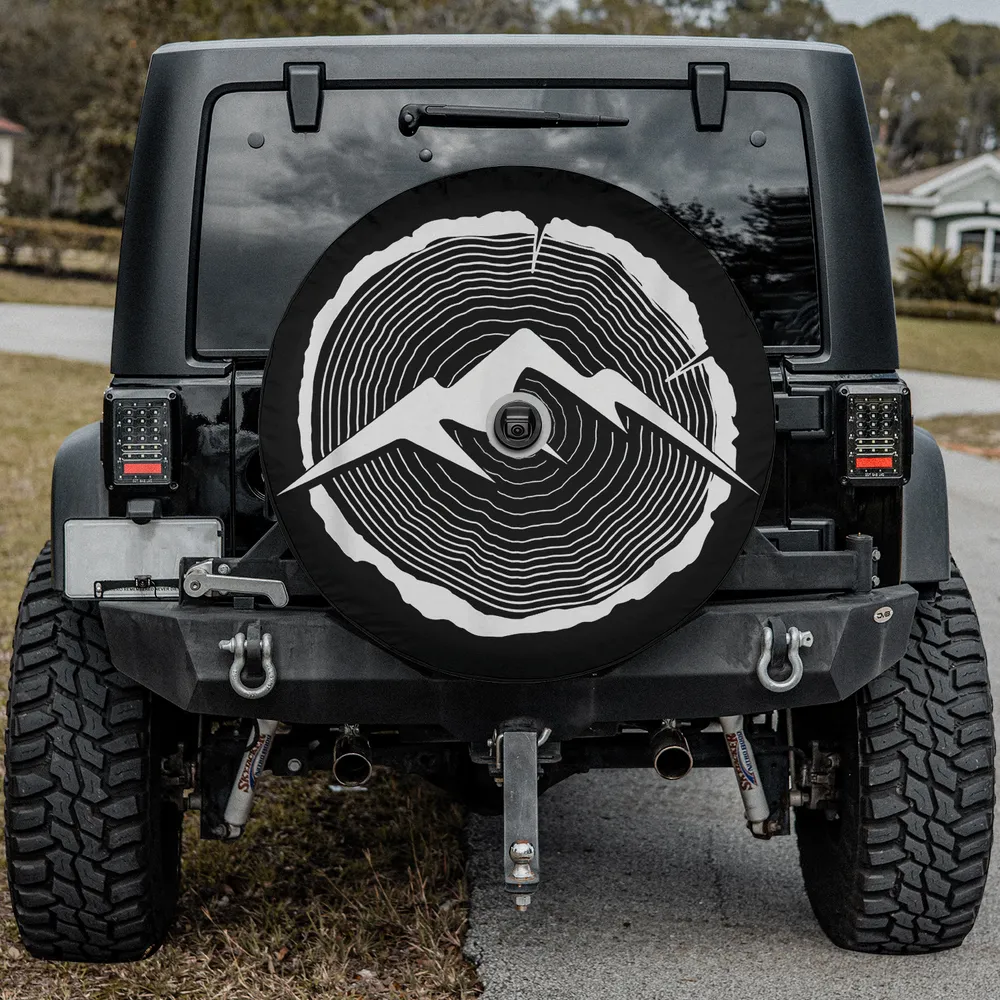 tree rings mountain silhouette camping spare tire cover with camera hole