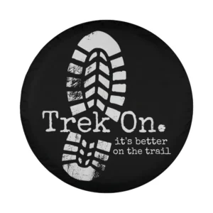 Trek On hiking boot print design for camping spare tire cover closeup