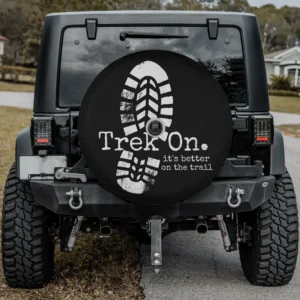 Trek On hiking boot print camping spare tire cover with camera hole for SUV or RV