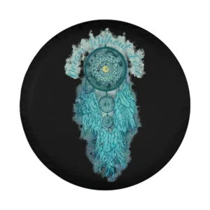Turquoise watercolor dreamcatcher moon script design for spare tire cover