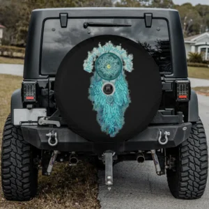 Turquoise watercolor dreamcatcher moon script spare tire cover with camera hole