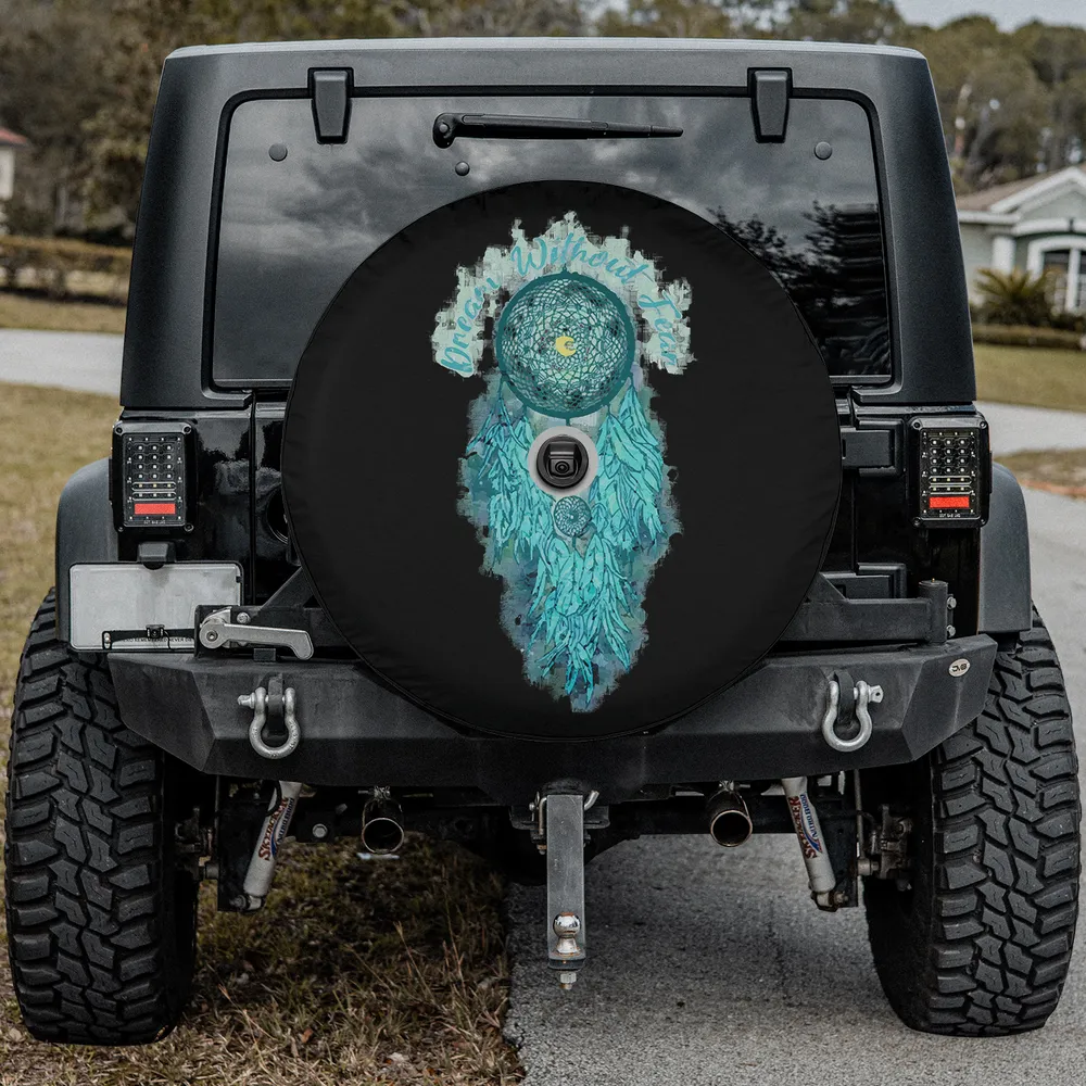 Turquoise watercolor dreamcatcher moon script spare tire cover with camera hole